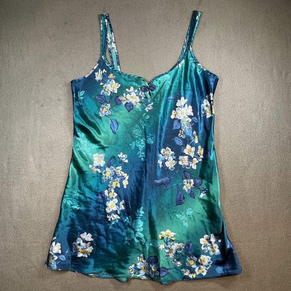 VTG Inner Most Women Satin Floral Slip‎ Dress Teal Blue Nightgown Lingerie L